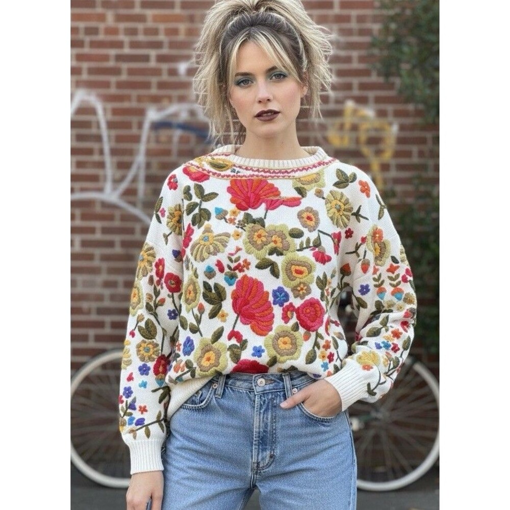 Vintage 90’s Bonnie Boerer Women’s Size L Floral Embroidered Sweater Y2K Rare